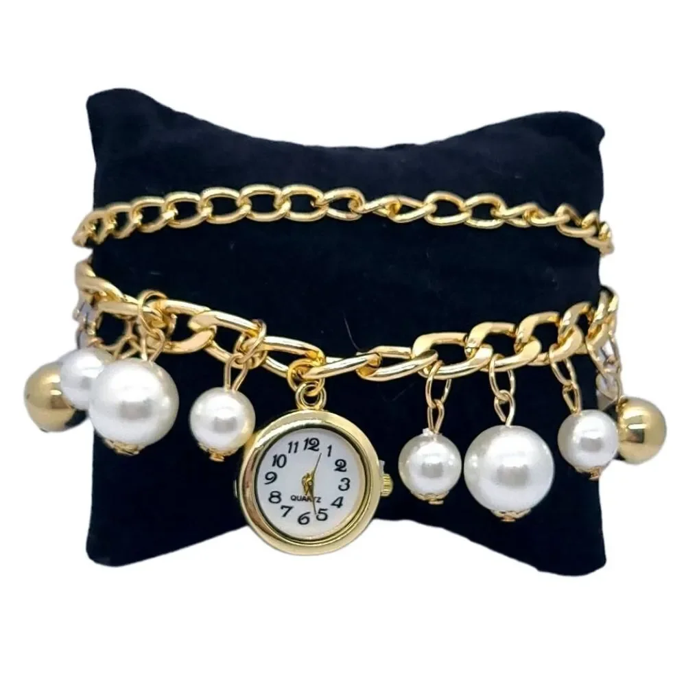 Gold Charm Bracelet Watch Faux Pearl Layered Chain Vintage Inspired Old Money